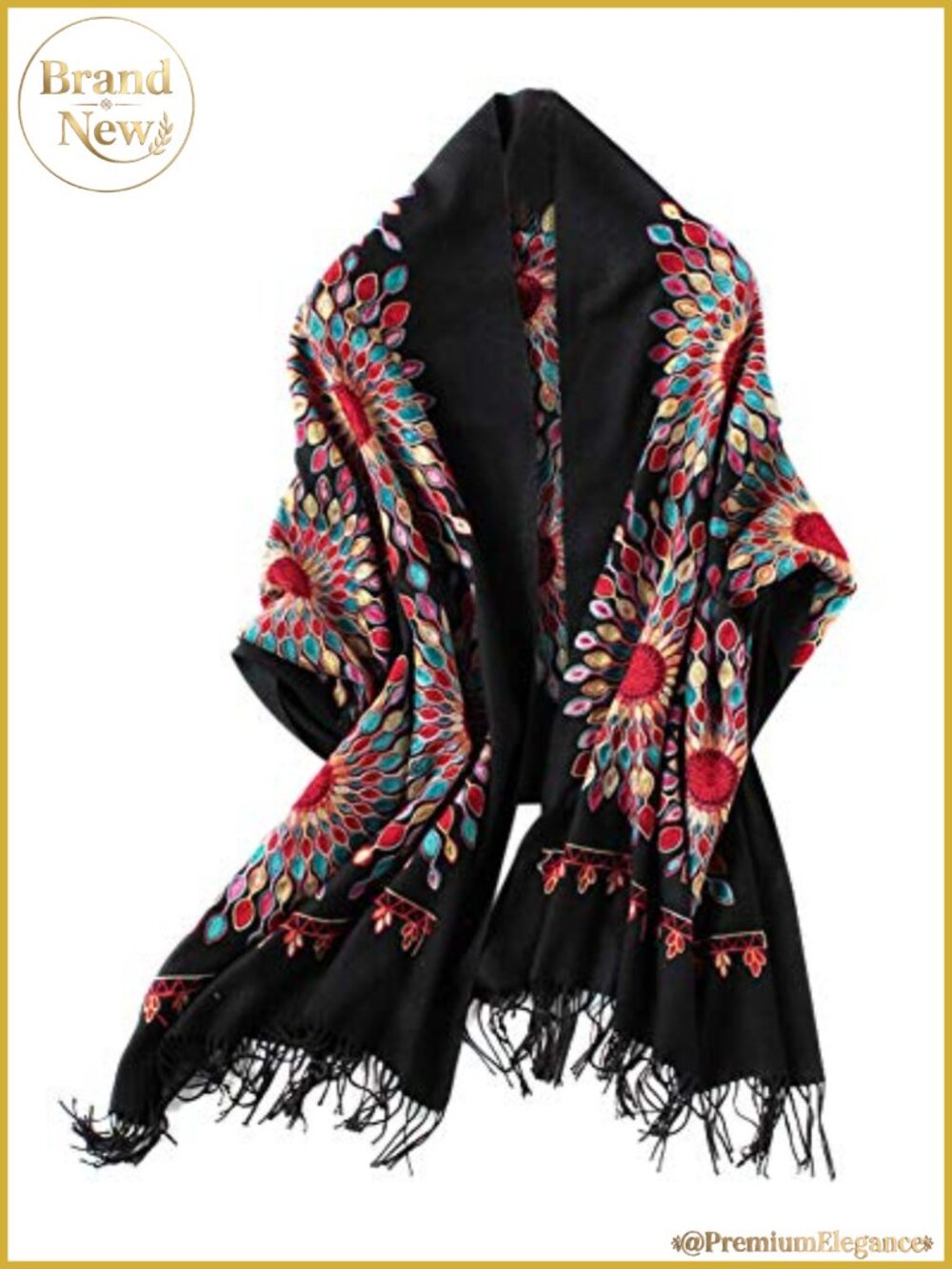 Embroidered Floral Scarf with Tassel Fringe Lightweight Wrap